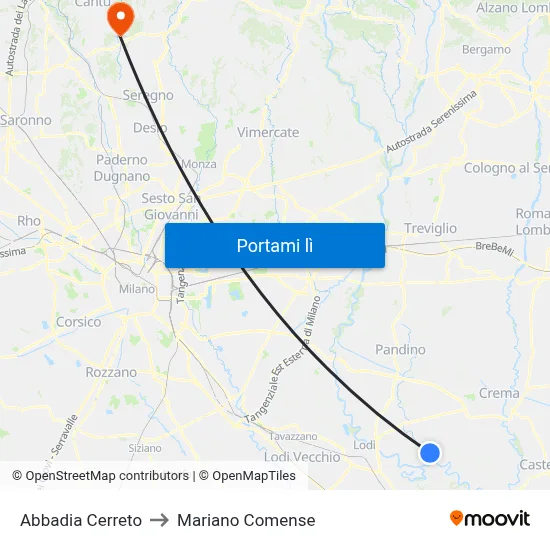Abbadia Cerreto to Mariano Comense map