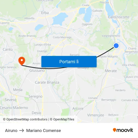 Airuno to Mariano Comense map