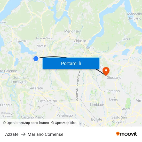 Azzate to Mariano Comense map