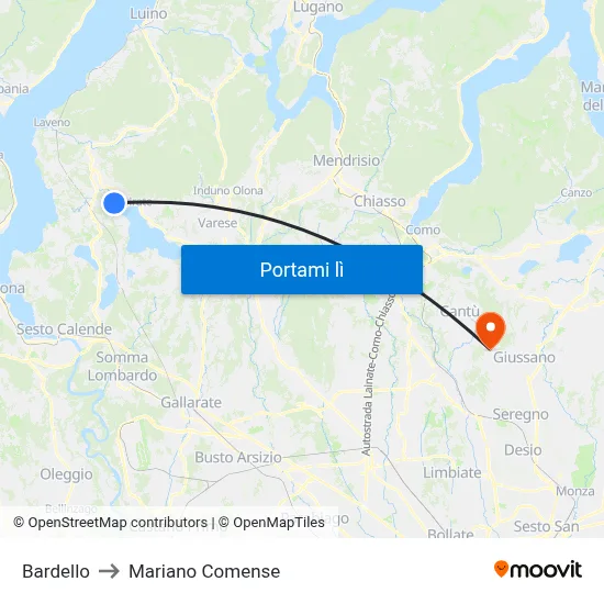 Bardello to Mariano Comense map
