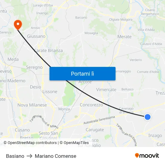 Basiano to Mariano Comense map