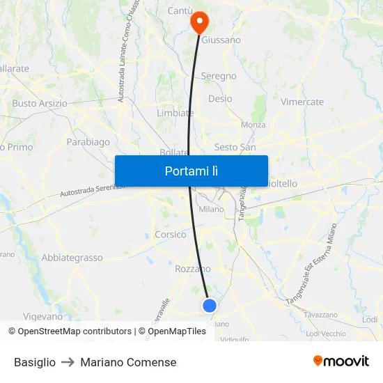 Basiglio to Mariano Comense map