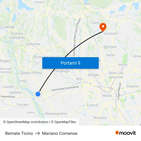Bernate Ticino to Mariano Comense map