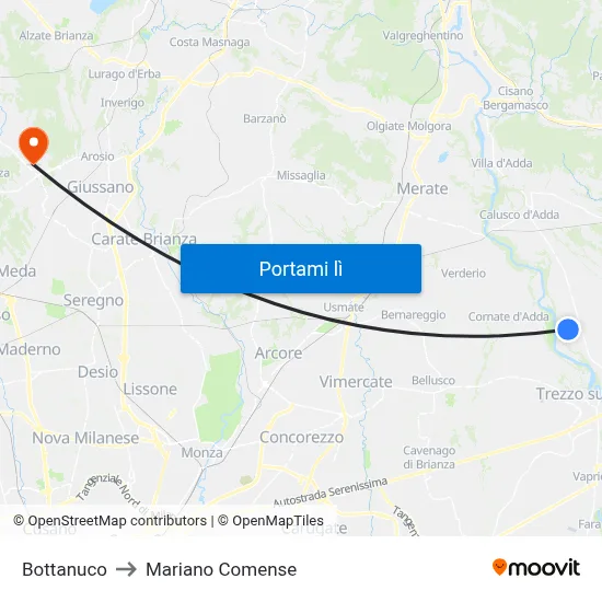Bottanuco to Mariano Comense map