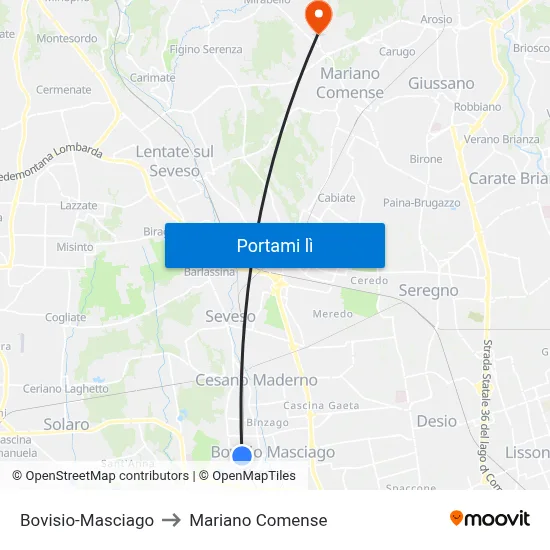 Bovisio-Masciago to Mariano Comense map
