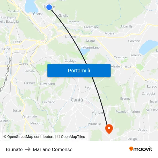Brunate to Mariano Comense map