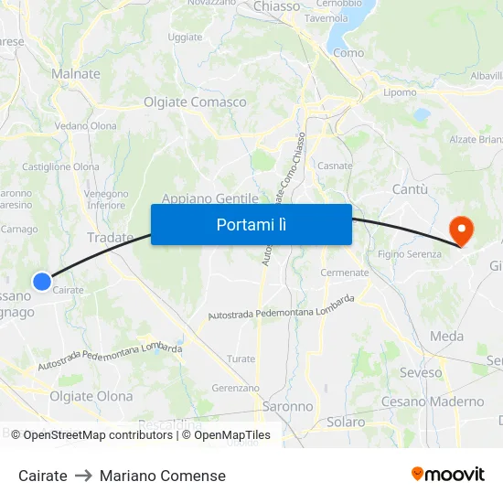 Cairate to Mariano Comense map