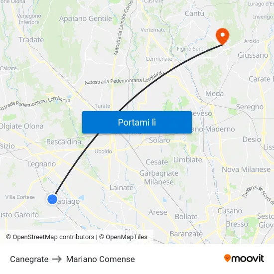 Canegrate to Mariano Comense map