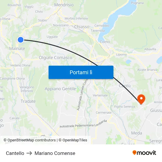 Cantello to Mariano Comense map
