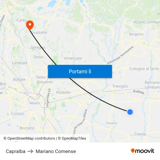 Capralba to Mariano Comense map