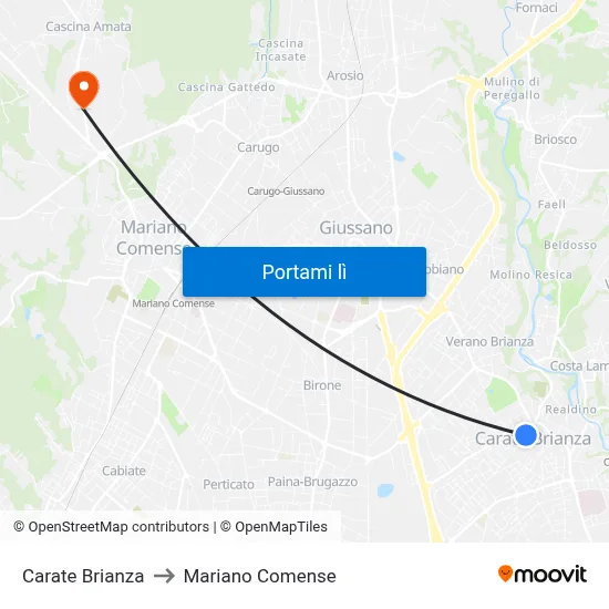 Carate Brianza to Mariano Comense map