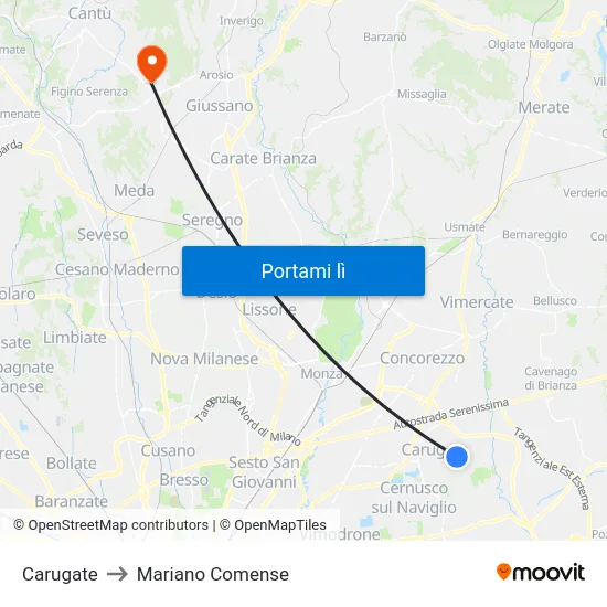 Carugate to Mariano Comense map