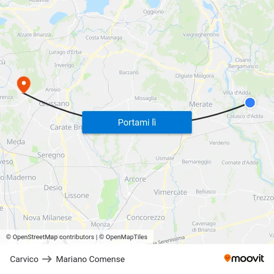 Carvico to Mariano Comense map