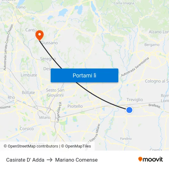 Casirate D' Adda to Mariano Comense map