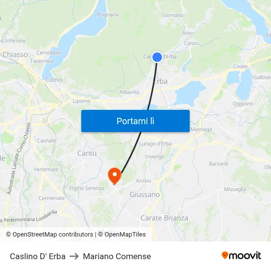 Caslino D' Erba to Mariano Comense map