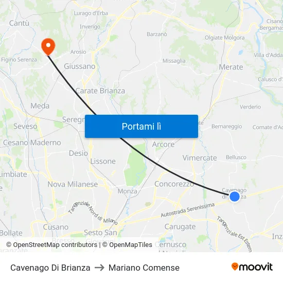 Cavenago Di Brianza to Mariano Comense map