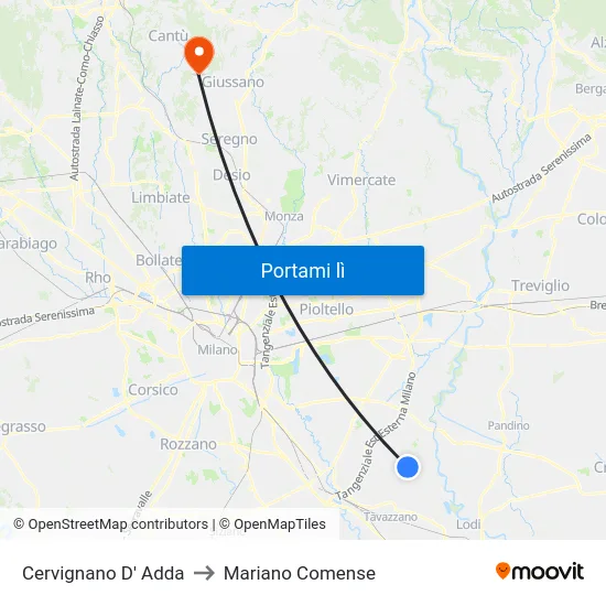 Cervignano D' Adda to Mariano Comense map