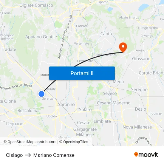 Cislago to Mariano Comense map
