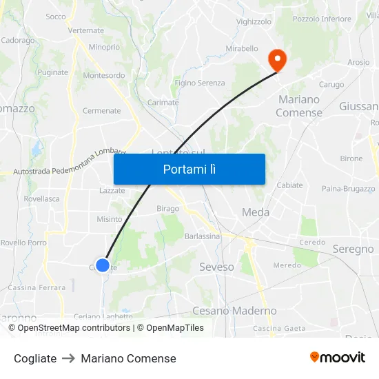 Cogliate to Mariano Comense map