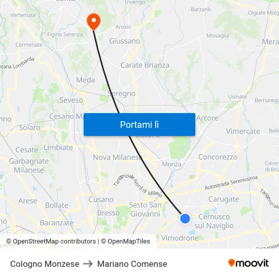 Cologno Monzese to Mariano Comense map