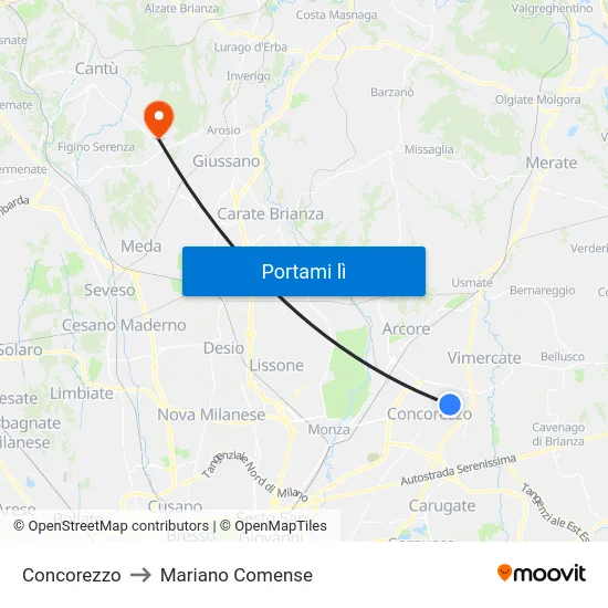 Concorezzo to Mariano Comense map