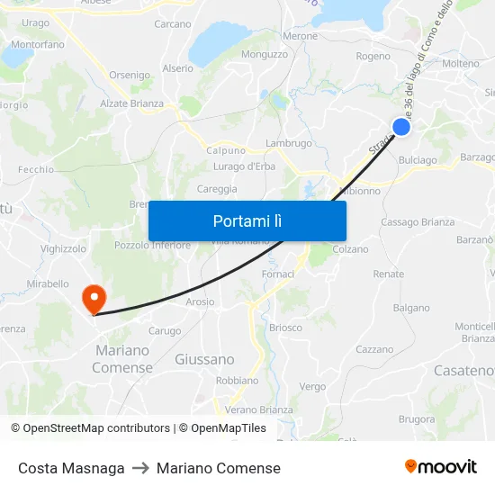 Costa Masnaga to Mariano Comense map
