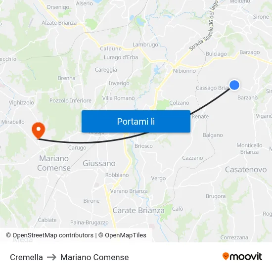 Cremella to Mariano Comense map