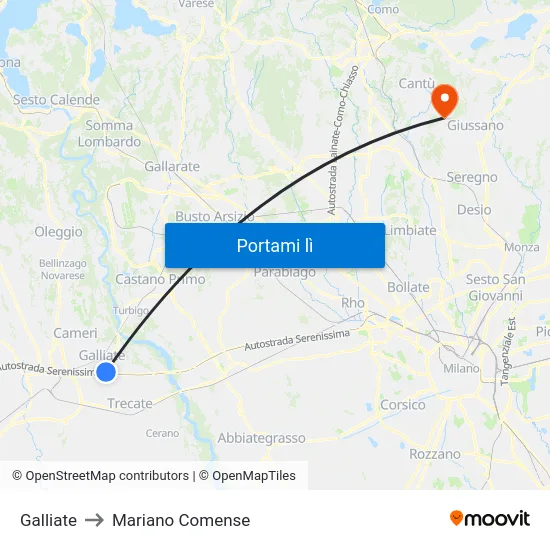 Galliate to Mariano Comense map