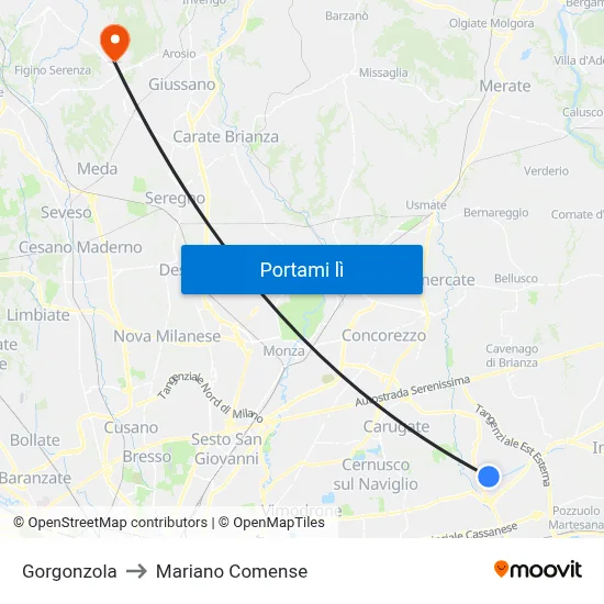 Gorgonzola to Mariano Comense map