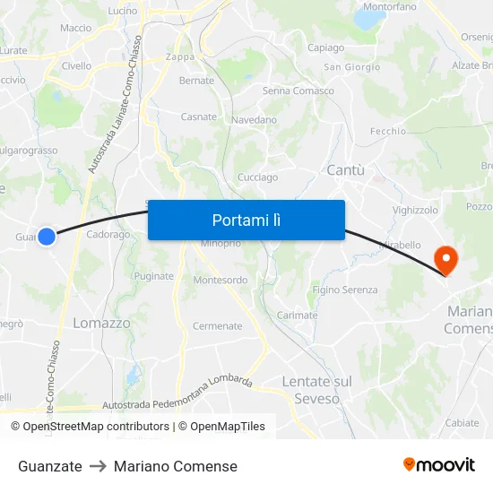 Guanzate to Mariano Comense map