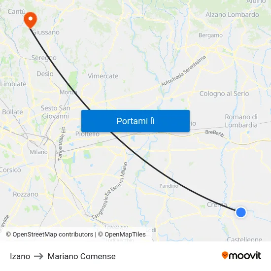 Izano to Mariano Comense map