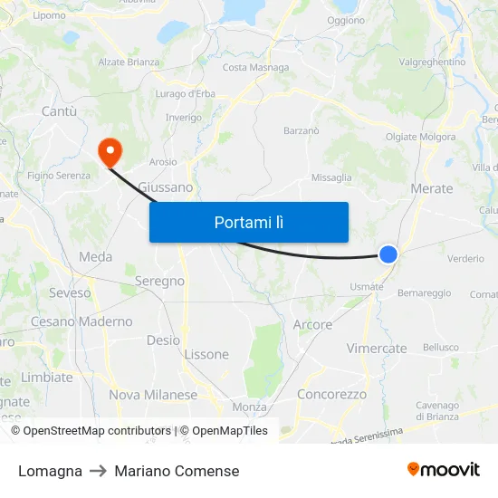 Lomagna to Mariano Comense map
