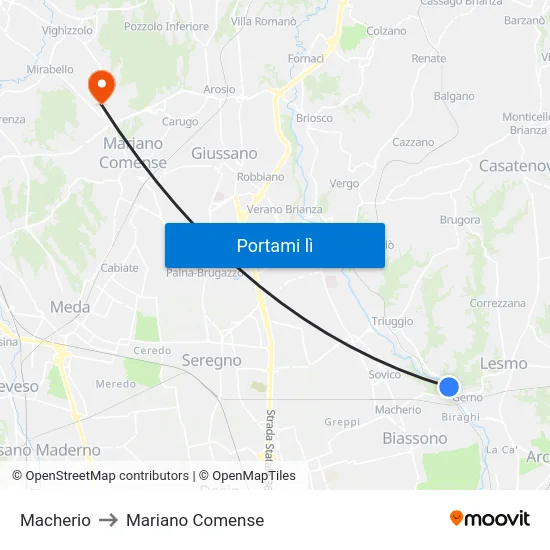 Macherio to Mariano Comense map