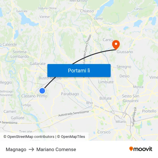 Magnago to Mariano Comense map
