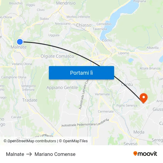 Malnate to Mariano Comense map