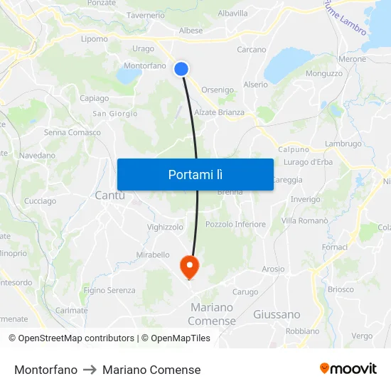 Montorfano to Mariano Comense map