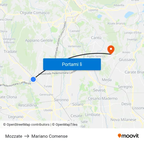 Mozzate to Mariano Comense map