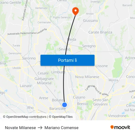 Novate Milanese to Mariano Comense map
