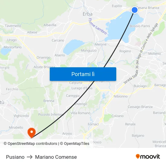 Pusiano to Mariano Comense map