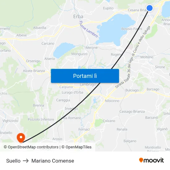 Suello to Mariano Comense map