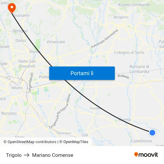 Trigolo to Mariano Comense map