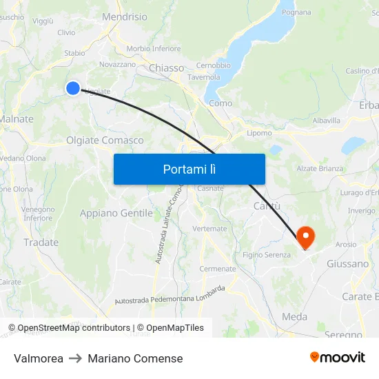 Valmorea to Mariano Comense map