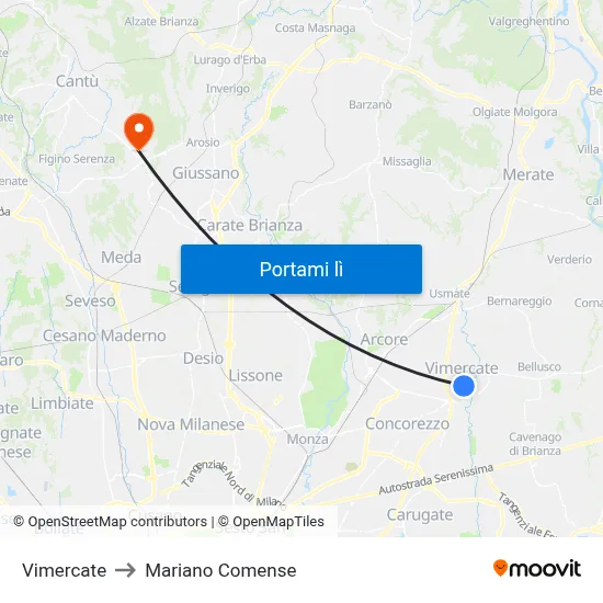 Vimercate to Mariano Comense map