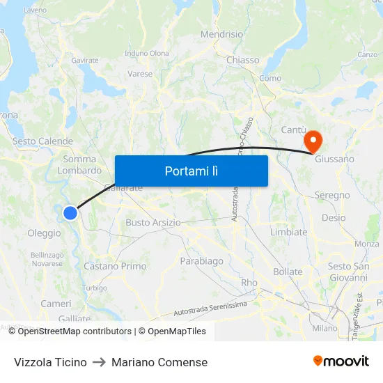 Vizzola Ticino to Mariano Comense map