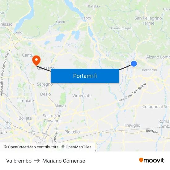 Valbrembo to Mariano Comense map