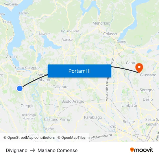 Divignano to Mariano Comense map