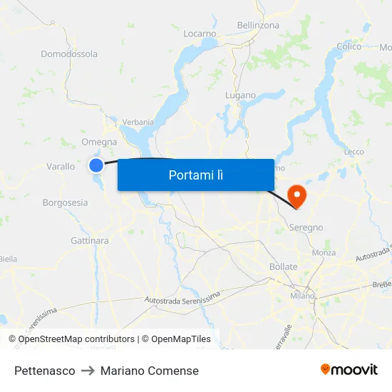 Pettenasco to Mariano Comense map