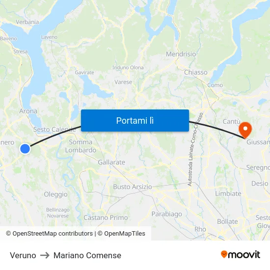Veruno to Mariano Comense map