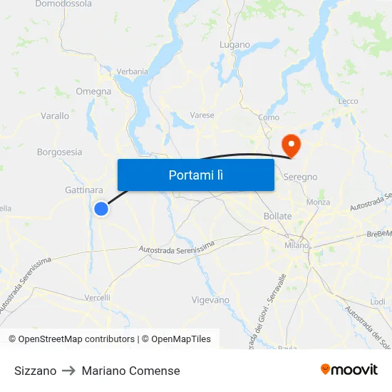 Sizzano to Mariano Comense map