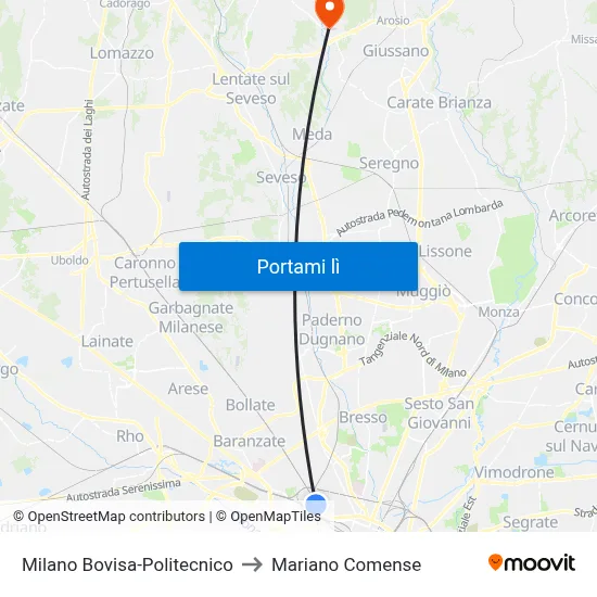 Milano Bovisa-Politecnico to Mariano Comense map
